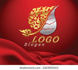 Logo de la hoja de Bodhi lai estilos tailandeses de lujo deslizador de oro sobre el vector de fondo rojo, Símbolos del budismo