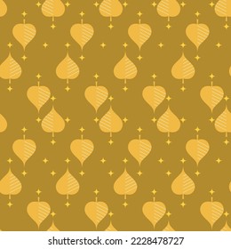 Bodhi leaf with twinkle star on gold background modern seamless pattern. Buddhism sacred abstract surface. Religious botanic vector illustration.