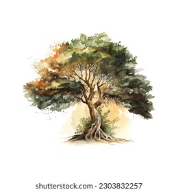 Bodhi Sacred Fig tree Watercolor Vector Illustration.