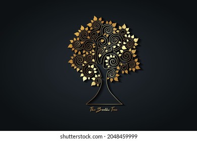 The Bodhi tree gold logo template, Tree of life concept, Sacred Fig with heart shaped leaves, Vesak day, golden luxury silhouette, icon vector isolated on black background 