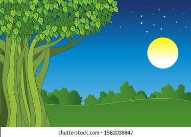 
The Bodhi tree has bushes and a full moon with stars in the background