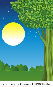 
The Bodhi tree has bushes and a full moon with stars in the background