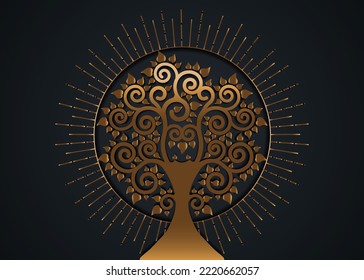 The Bodhi tree logo template, Gold Tree of life concept, Golden Sacred tree, Ficus religiosa, Vesak day silhouette icon, luxury symbol that uses Buddhism, vector isolated on black background 