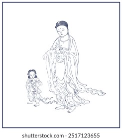 Bodhisattva hand drawing portrait, Buddhist line drawing portrait. Bodhisattva, Buddha portrait.