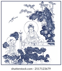 Bodhisattva hand drawing portrait, Buddhist line drawing portrait. Bodhisattva, Buddha portrait.