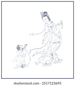 Bodhisattva hand drawing portrait, Buddhist line drawing portrait. Bodhisattva, Buddha portrait.