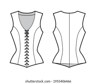 Bodice vest waistcoat technical fashion illustration with sleeveless, V-neck, lacing front closure, fitted body. Flat template back, white, grey color style. Women, men, unisex top CAD mockup