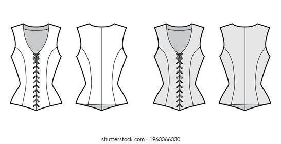 Bodice vest waistcoat technical fashion illustration with sleeveless, V-neck, lacing front closure, fitted body. Flat template back, white, grey color style. Women, men, unisex top CAD mockup