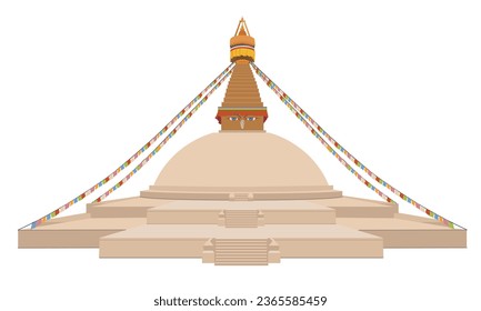 Bodnath, the great white stupa. Buddhist temple complex in Kathmandu. Buddhanath is the main center of Tibetan Buddhism in Nepal. Vector, flat style. A religious symbol, pagoda in the form of mandala