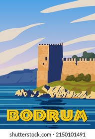 Bodrum Castle retro poster, Turkey resort. Vintage touristic postcard, placard, vector