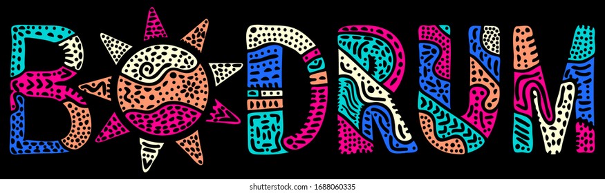 Bodrum. Multicolored isolate bright contrast inscription, sun. Patterned colored curves cute doodle letters. Turkey Bodrum for print, clothing, t-shirt, souvenir, banner, card. Stock vector picture.