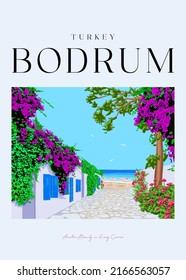 Bodrum, Tukey. A lovely Bodrum street that opens to the sea. Hand drawing vector illustration poster design.