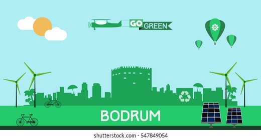 Bodrum Turkey skyline silhouette flat design vector, green city concept