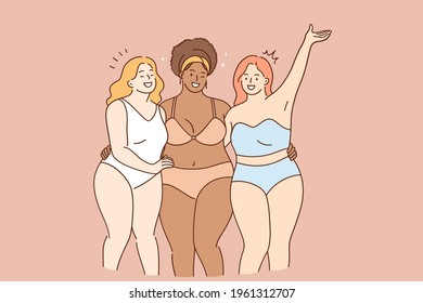 Body acceptance, body positivity and diversity concept. Group of 3 smiling happy oversize women posing in bikini and feeling confident and positive vector illustration 