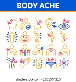 Body Ache Collection Elements Icons Set Vector Thin Line. Headache And Toothache, Backache And Arthritis, Stomach And Muscle Ache, Eye And Foot Pain Linear Pictograms. Color Contour Illustrations