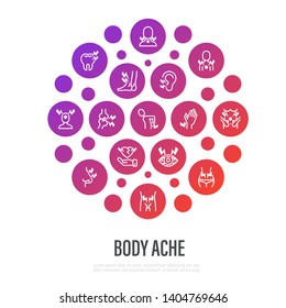 Body ache concept in circle shape. Thin line icons: toothache, heart attack, headache, joint pain, arthritis, osteoporosis, stomachache, menstrual pain. Vector illustration.