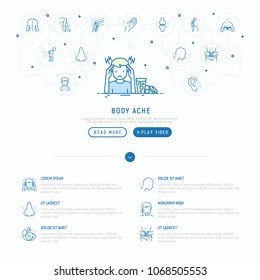Body ache concept: man with headache and pills near. Thin line icons: migraine, toothache, pain in eyes, ear, chest pain, menstrual, joint, rheumatism. Modern vector illustration, web page template.