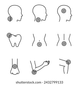 Body Ache. Disease, sickness, linear style icons set. Migraine, toothache, back pain, sore throat, neck pain, nose, menstrual, joint, arthritis, rheumatism. Vector illustration in linear style