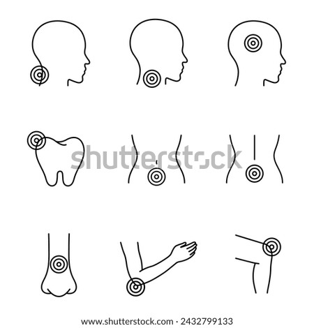 Body Ache. Disease, sickness, linear style icons set. Migraine, toothache, back pain, sore throat, neck pain, nose, menstrual, joint, arthritis, rheumatism. Vector illustration in linear style