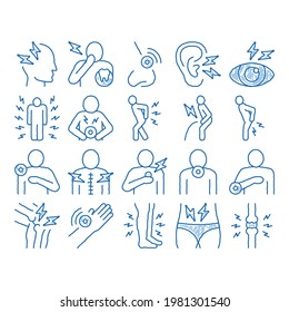 Body Ache Elements sketch icon vector. Hand drawn blue doodle line art Headache And Toothache, Backache And Arthritis, Stomach And Muscle Ache, Eye And Foot Pain Illustrations