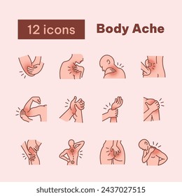 Body Ache, filled outline icons, hand pain, shoulder, neck, hip, wrist, palm, elbow, knee, back, rib, and wrist joint, spine