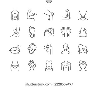 Körperschmerzen. Gesundheitsfürsorge, Medizin und Medizin. Gelenkschmerzen, Ohrenschmerzen, Brustschmerzen, Bauchschmerzen. Pixel Perfect Vector Thin Line Icons. Einfaches Minimal-Piktogramm