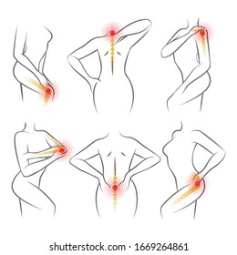 Body ache icons. Humans bodies injury pain signs and painful spots vector drawing medical illustrations