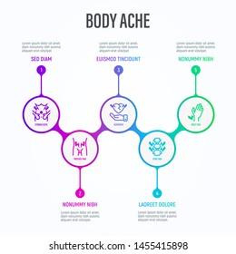 Body ache infographics in circles with thin line icons and place for text near. Medical data visualization. Prostate pain, arthritis, osteoporosis, stomachache, menstrual pain. Vector illustration.