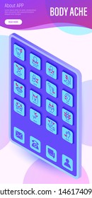 Body ache infographics with tablet and isometric thin line icons. Toothache, heart attack, headache, joint pain, arthritis, osteoporosis, stomachache, menstrual pain. Vector illustration.