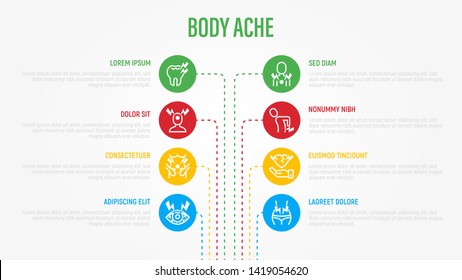 Body ache infographics with thin line icons in circles. Medical data visualization. Toothache, heart attack, headache, osteoporosis, stomachache, menstrual pain.  Vector illustration.