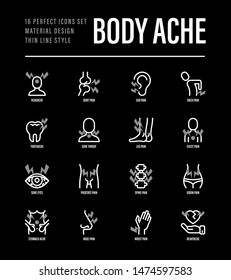 Body ache thin line icons set. Toothache, heart attack, headache, joint pain, arthritis, osteoporosis, stomachache, menstrual pain. Vector illustration.