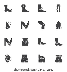 Juego de iconos vectoriales de dolor corporal, colección de símbolos sólidos modernos, paquete de pictogramas estilo relleno. Señales, ilustración del logotipo. El conjunto incluye iconos como dolor de oído, nariz, micción, articulación del brazo, tobillo, hombro