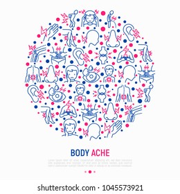 Body aches concept in circle with thin line icons: migraine, toothache, pain in eyes, ear, when urinating, chest pain, menstrual, joint, arthritis. Vector illustration for banner, print media.