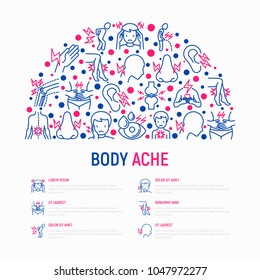 Body aches concept in half circle with thin line icons: migraine, toothache, pain in eyes, when urinating, chest pain, menstrual, joint, arthritis, rheumatism. Vector illustration, web page template.