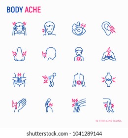 Body aches thin line icons set: migraine, toothache, pain in eyes, ear, nose, when urinating, chest pain, menstrual, joint, arthritis, rheumatism. Modern vector illustration.