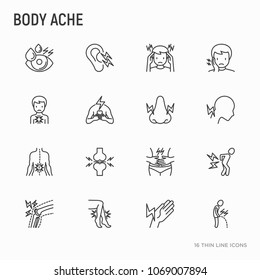 Body aches thin line icons set: migraine, toothache, pain in eyes, ear, nose, when urinating, chest pain, menstrual, joint, arthritis, rheumatism. Modern vector illustration.