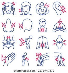Body aches thin line icons set: migraine, toothache, pain in eyes, ear, nose, when urinating, chest pain, menstrual, joint, arthritis, rheumatism. Modern vector illustration.