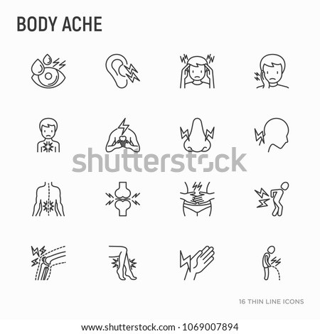 Body aches thin line icons set: migraine, toothache, pain in eyes, ear, nose, when urinating, chest pain, menstrual, joint, arthritis, rheumatism. Modern vector illustration.