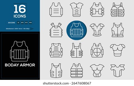 Body Armor conjunto de ícones de contorno relacionados à análise, infográfico, analítica. Traçado editável. Ilustração vetorial.