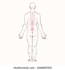 Body (back) acupuncture scheme with red points, hand drawn doodle, sketch in pop art style, black and white medical vector illustration