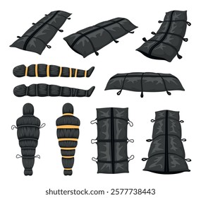 Body bag coverage for die human person different shape set isometric vector illustration. Victim criminal dead tied uniform for morgue carrying transportation and storage