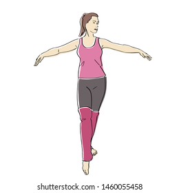 Body ballet. Female silhouette in leggings. Contemporary and popular fitness. Vector flat illustration. Isolated hand drawn black contour and colors.