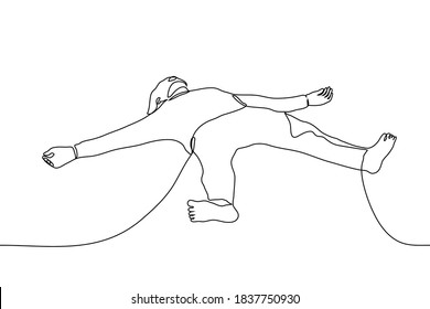 body barefoot man  one line drawing man lies the floor / ground and his arms   legs outstretched to the sides  he is without shoes   without socks 
