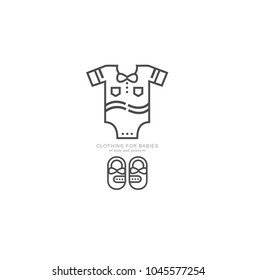 Body and booties for the baby. Baby clothes. Vector set of design elements of clothing and icon in a linear style.