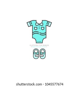 Body and booties for the baby. Baby clothes. Vector set of design elements of clothing and icon in a linear style.