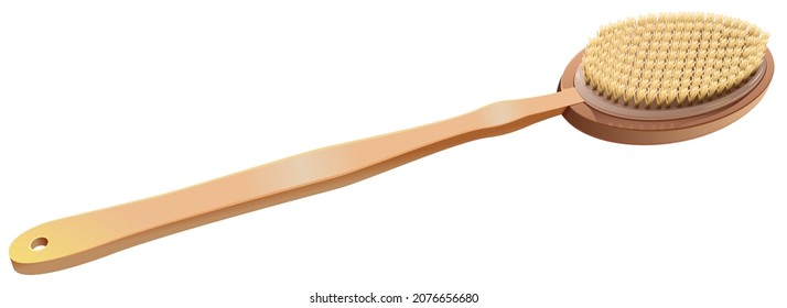 Body brush for bath or shower isolated on white. Long handled body wooden back brush. Vector cartoon illustration