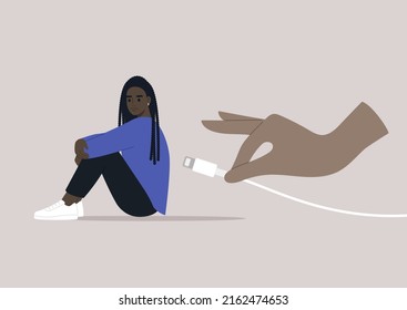 Body budget, a low battery conceptual illustration, a young exhausted female African character in need to restore the energy balance