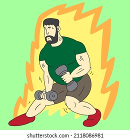 body builder cartoon. sporty men. men on sport. gym. fitnes. diet. strong men with burble. on fire men. healthy activity. flat illustration cartoon
