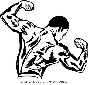 Body Builder Doodle, Fit Man Body Building Cartoon Drawing, Line Art Vector Illustration Of Body Builder, Clip Art Silhouette Of Fit Body Man