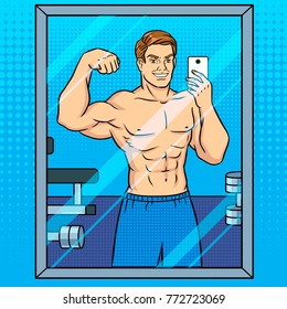 Body Builder Guy Is Making Selfie In The Mirror Pop Art Retro Vector Illustration. Comic Book Style Imitation.